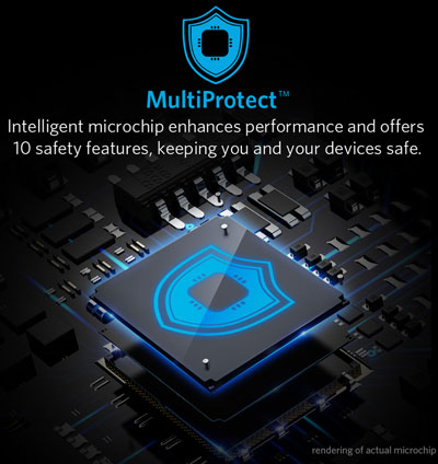 Clipart of a chip with a shield logo on the chip. Above it are texts reading as “MultiProtect” and describing its function